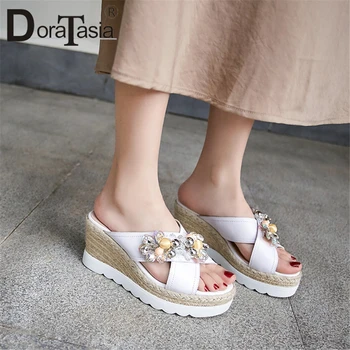 

DORATASIA Brand New women's Genuine Leather Crystal Ladies Wedges High Heels Platform Shoes Woman Casual Outside Summer Slippers