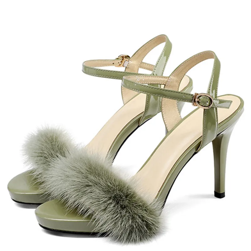 

LOVEXSS Green Open Toe Heels Sandals Sexy Party Genuine Leather Peep Toe Pumps Buckle Strap Wedding High Heeled Shoes 2018