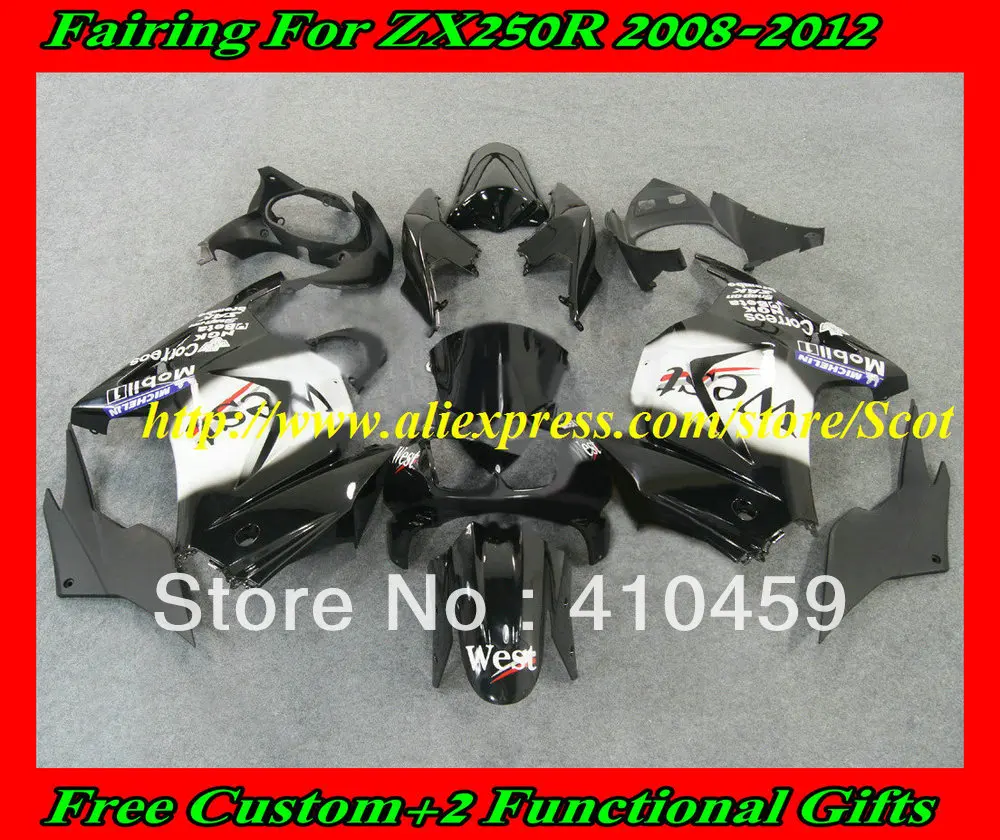 

WEST White black Fairing kit for KAWASAKI Ninja ZX250R 08 09 10 11 12 ZX 250R 2008 2012 EX250 Injection mold Fairings set