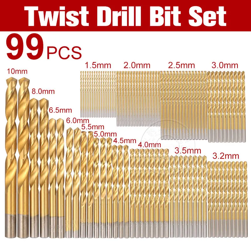 99 шт. HSS Титан покрытием твист Бурильные долото Комплект 1.5-10 мм Twist Bits комплект Титан азотированных сверла