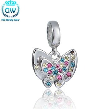 

925 Sterling Silver Women Silver Multicolor Stones Butterfly Beads Charm Bracelets Bangles Charms 2016 New S398