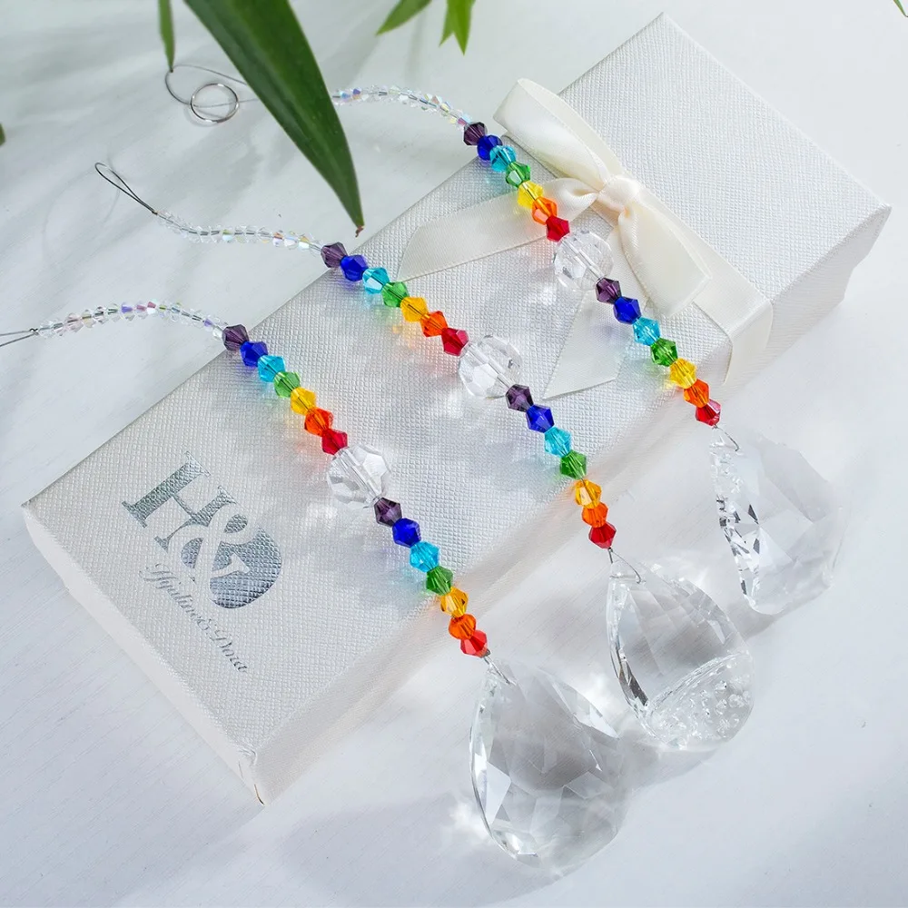 H&D 3pcs Rainbow Hanging Crystal Prism Suncatcher with Chakra Crystal Beads for Window,Chandelier Crystal Part,Home Garden Decor