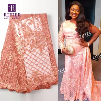 

Big Stones And Beads Net Lace Fabric African High Quality 2019 New Fashion Tulle Mesh Wedding Laces Beaded Net Dresses Fabrics