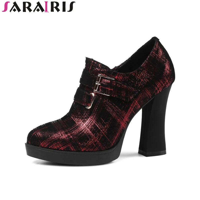 

SARAIRIS 2018 Spring Autumn Brand Natural Kid Suede Zip Women Deep Pumps Buckle Decoration High Heels Platform Shoes Woman