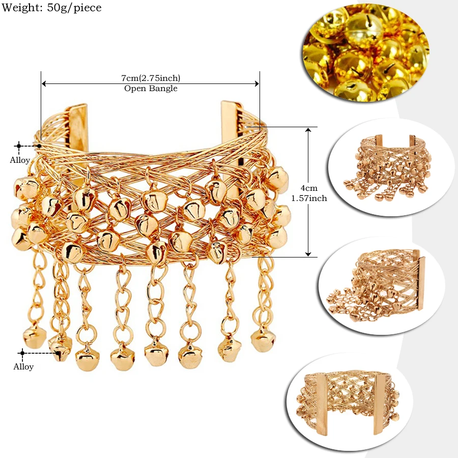 SHEEGIOR Gold Small Bells Open Bracelets Bangles for Women Indian Jewelry Ethnic Hollow Big Cuff Arm Bracelet Bangle Accessories - Image 2