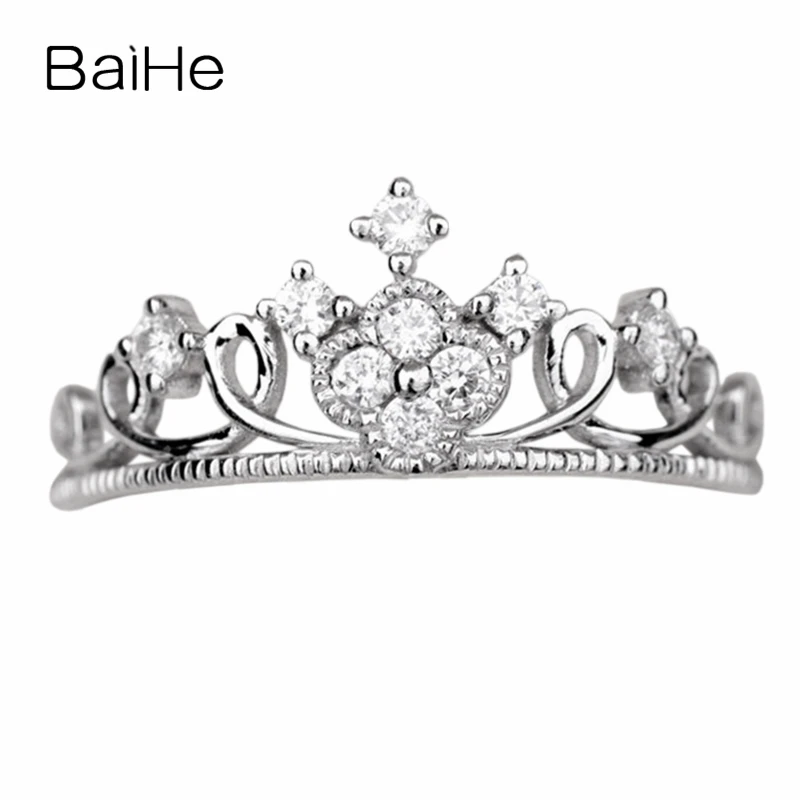 

BAIHE Solid 14K White Gold 0.20ct H/SI Natural Diamond Crown Ring Women Trendy Fine Jewelry Making Anillo corona cincin mahkota