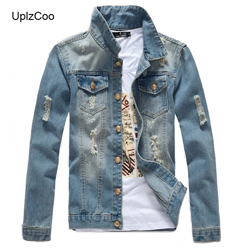 

UplzCoo2019 Men's Slim Thin Long Sleeve Joker Stand Collar Denim Jacket Male Light Color Denim Fashion Trend Brand Clote FM011
