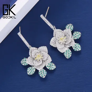 

GODKI Fashion Korean Drop Earrings Flower Leaf Cubic Zirconia Dangle Earrings For Women Girl Bride aretes de mujer modernos 2018