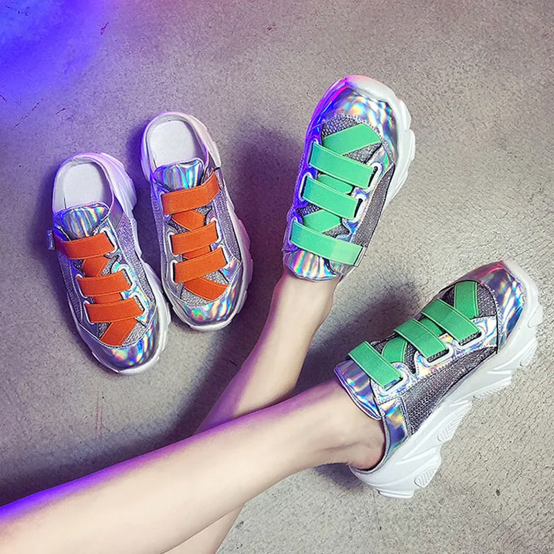 

New fashion Women canvas Vulcanized Shoes Platform wedges half slippers Ladies Comfortable Breathable slip-on lazy shoes PA-61