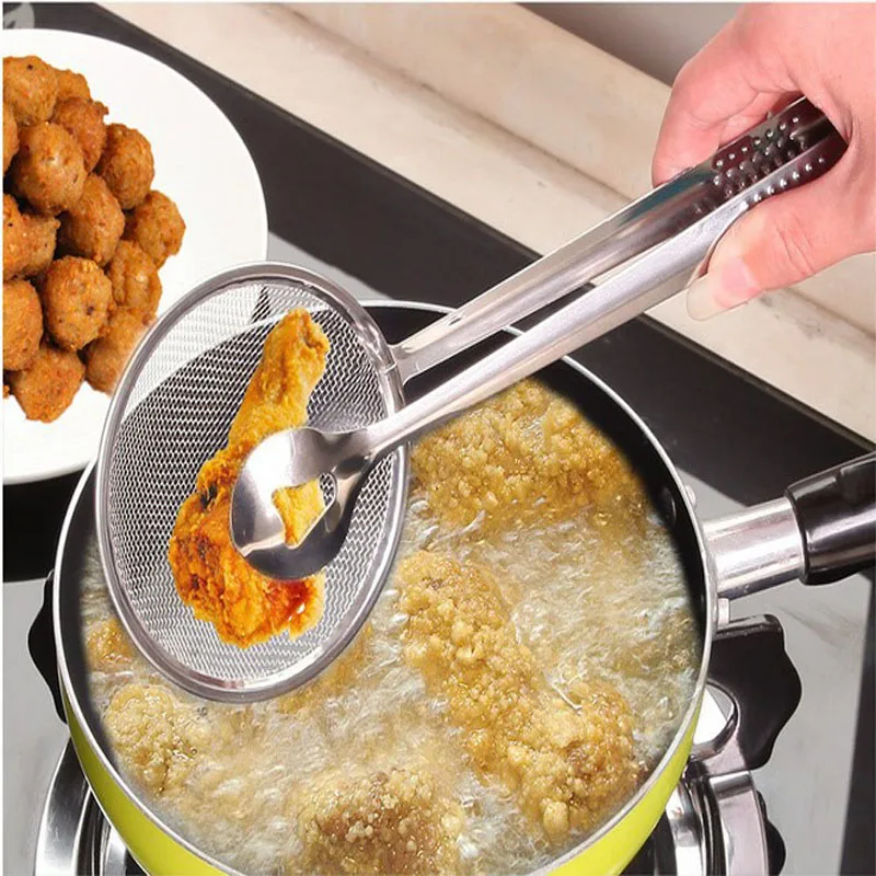 

New Multi-functional Filter Spoon With Clip Food Kitchen Oil-Frying BBQ Filter Stainless Steel Clamp Strainer Kitchen Tools