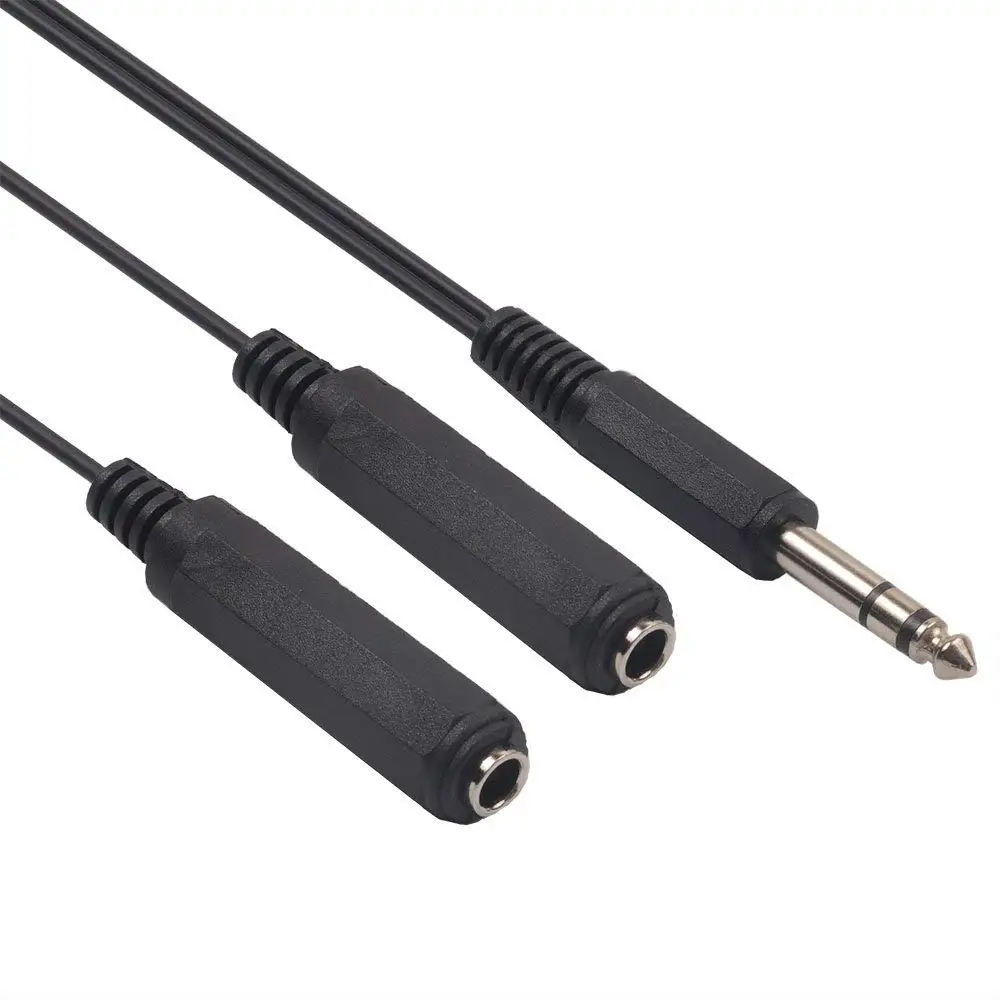  6.35mm Stereo Male Plug to 2 Dual 6.35mm Female Jack Splitter Adapter Cable Cord Gold Plated - 0.6 Feet
