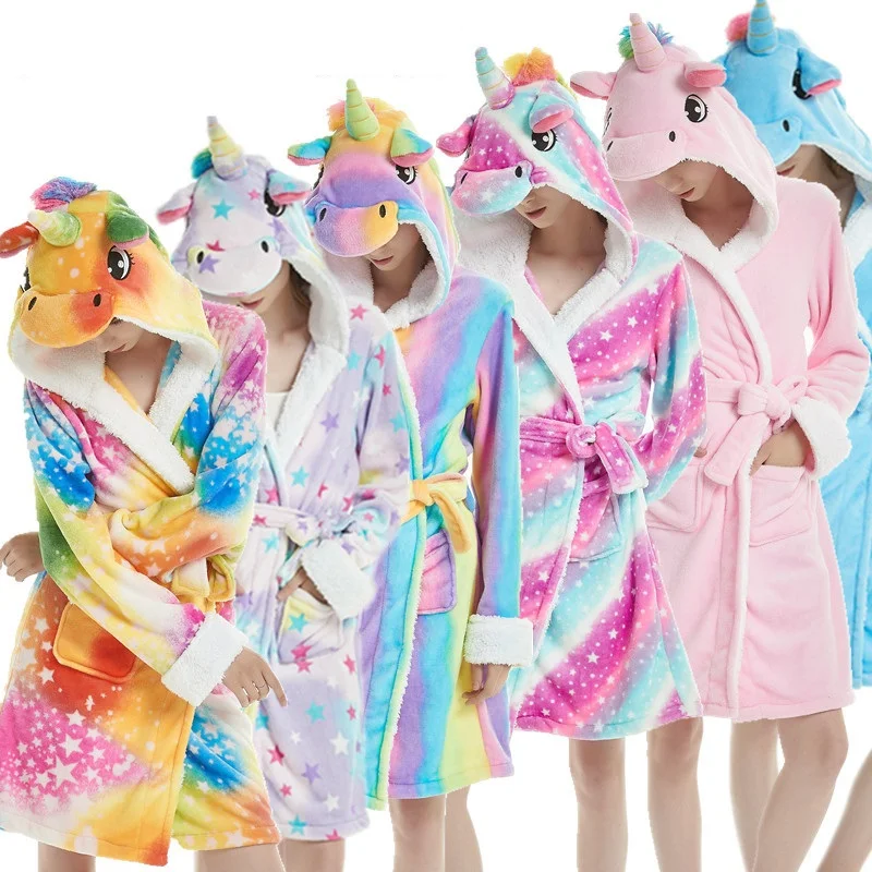 Children Bath Robe Baby Towel Hooded Kids Girls Dressing Gown Unicorn Bathrobes Boy Pajamas Sleepwear Adults Animal Bathing Robe