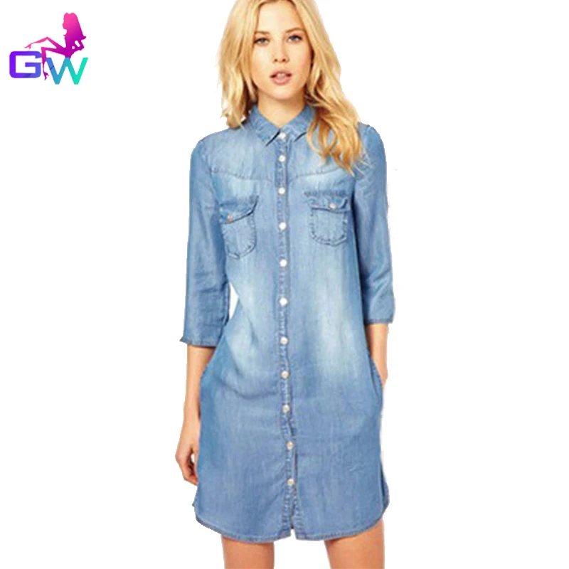 Women Denim Shirt Dress 2016 Spring Summer Vestidos Femme Plus Size XS