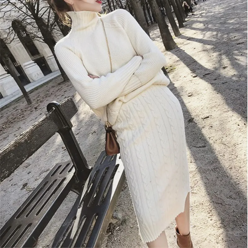 

CBAFU women knit 2 piece set twist long sleeve turtleneck sweater pullover pencil bodycon skirt suit knitting suit winter N956