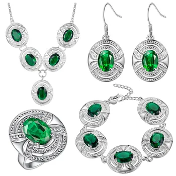 

925 Stamp Green Rhinestone White Zircon Jewelry Set Silver color For Women Bracelets/Necklace/Earrings/Ring