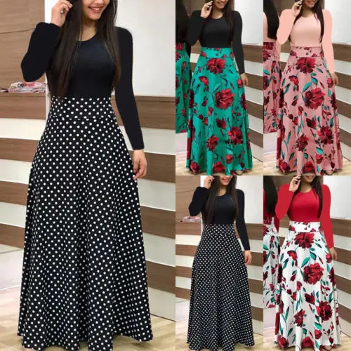 

Fashion Women Floral Maxi Dress Long Sleeve Evening Party Summer Beach Long Sundress