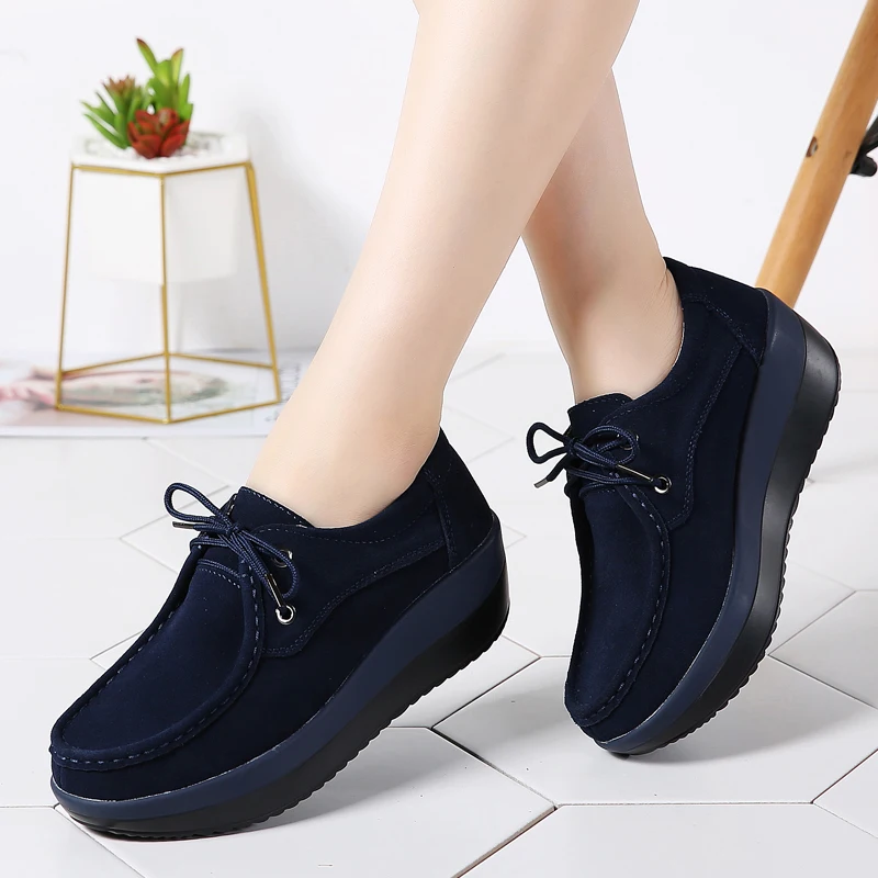 

Winter Women Platform Shoes Sneakers Flats Thick Soled Leather Suede Casual Blue Shoes Lace Up Flats Creepers for Girls 3235