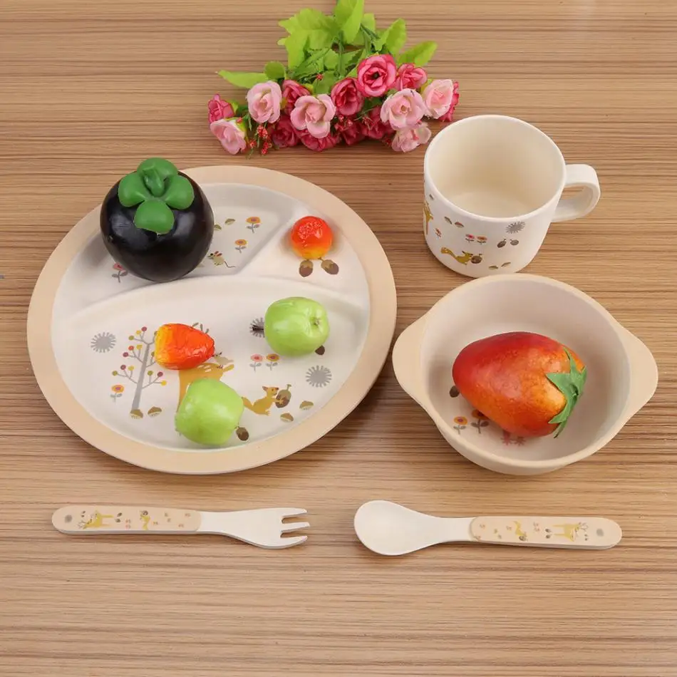 5 Pcs/set Baby Feeding Dishes Food Container Bamboo Fiber Children