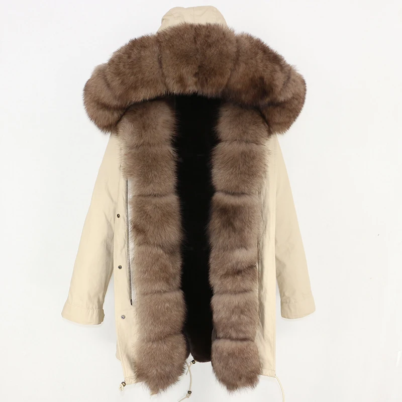 beige brown Зимняя куртка женская Повседневная натуральный мех пальто Длинная парка натуральный Лисий меховой воротник толстый теплый бренд роскошный Съемный уличная - Цвет: beige brown