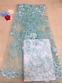 

3D African Flower Embroidered Tulle Lace, Pearls African Lace Fabric 2018 High Quality Lace Powder Blue (FJ-4-19