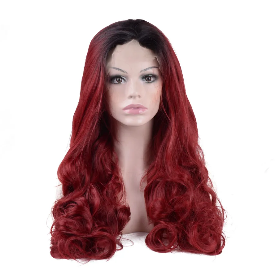 StrongBeauty Lace Front Wig Red Long Wavy Ombre Dark roots Synthetic