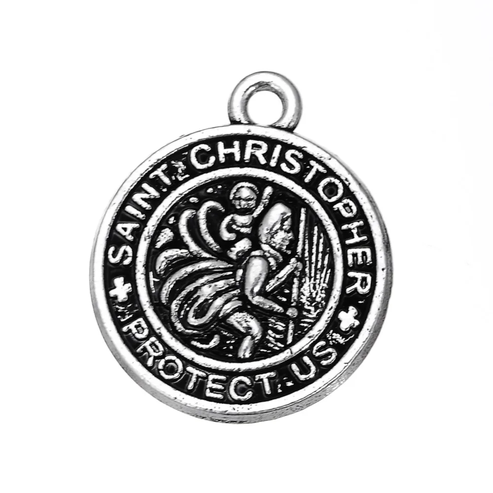 10pcs/lot Saint Christopher Protect Us Word Engraved Religious Design Round/Oval Charm For DIY Necklace