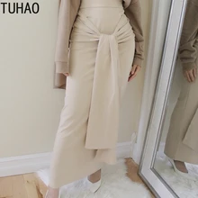 Однотонные мусульманские элегантные прямые Облегающие юбки с высокой талией, облегающие бедра длинные юбки с лентой для женщин, одежда T2143