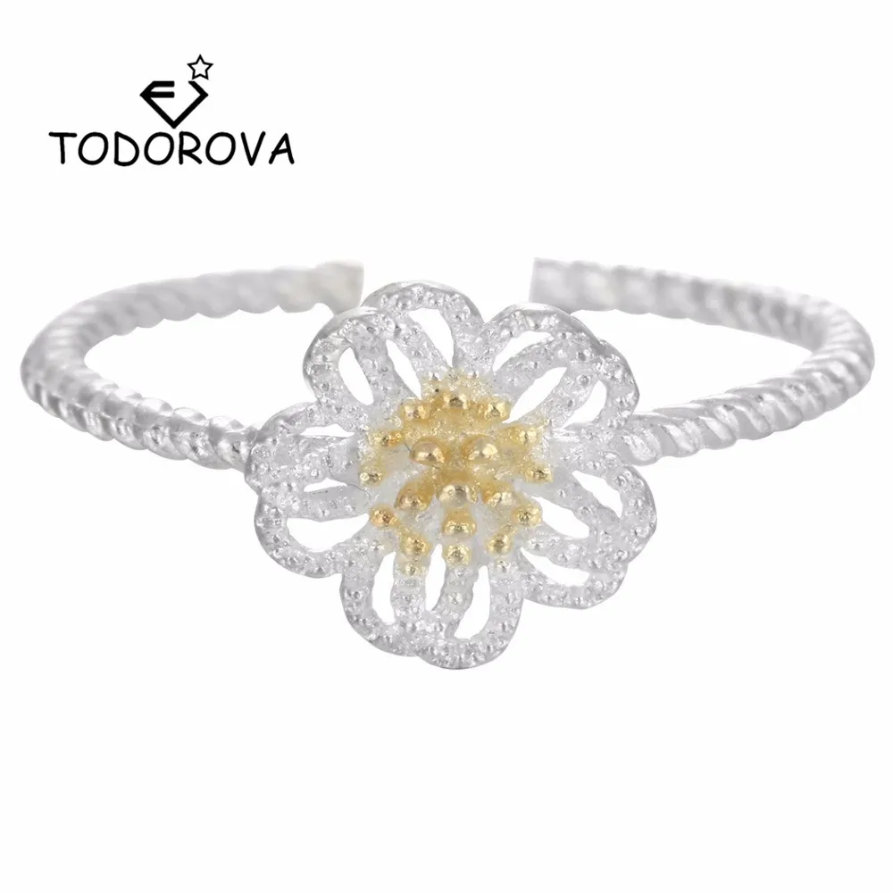 

Todorova Silver Flower Finger Rings for Women Girl Engagement Wedding Ring Female Lover's Gift Open Ring Adjustable Size