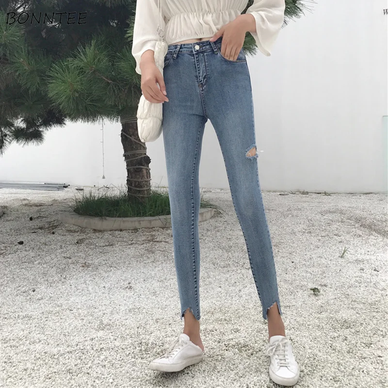 

Jeans Women 2019 Hole Leisure High Waist Slim Elastic Womens Jean Korean Style All-match Simple Ankle-length Trendy Zipper Fly