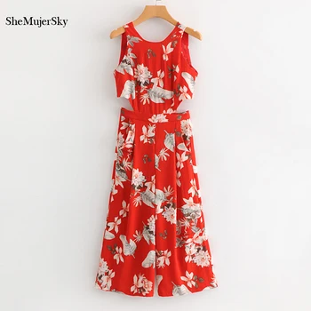 

SheMujerSky Red Jumpsuit Women Sleeveless Floral Back Bandage Summer Jumpsuits 2018 tuta donna elegante lunga