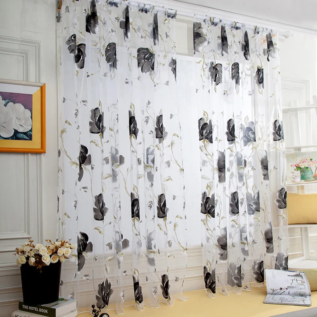 

1 PCS DIY window screen Vines Leaves Tulle Curtain Drape Panel Sheer Scarf Valances Ink large flower printed screen door