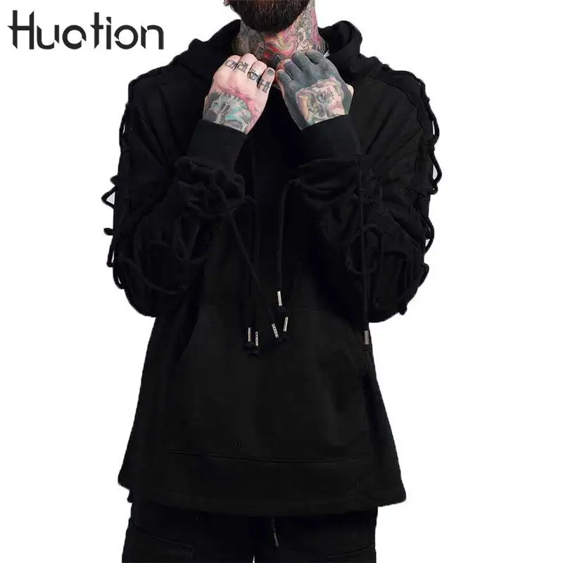 Huation Bandage Design Hoodie Coat 2017 Hi street Hip Hop Ribbon Tied
