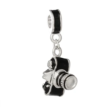 

DoreenBeads European Style Charm Slide Pendantss Camera Silver color Enamel Black 34mm(1 3/8") x 10mm( 3/8"), 5 PCs