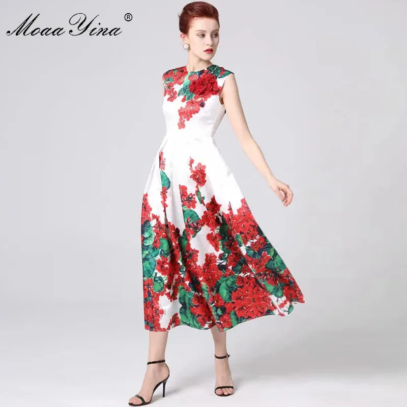 

MoaaYina Fashion Designer Runway dress Spring Summer Women Dress Applique Crystal Beading Floral-Print Dresses