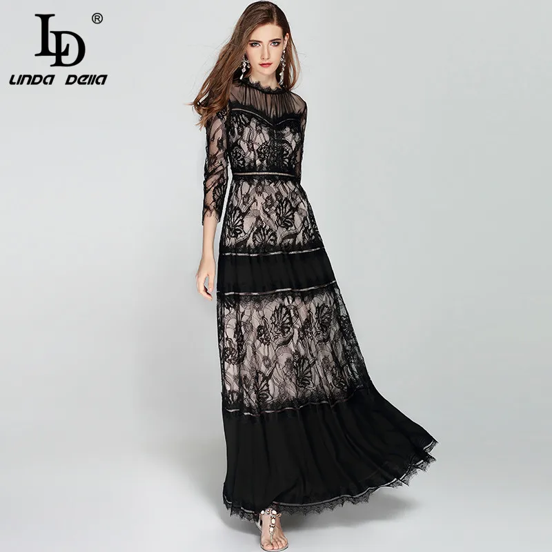 LD LINDA DELLA 2018 Fashion Designer Long Dress Women's 3/4 Sleeve Mesh Lace Patchwork Vintage Black Maxi Dress Party Dresses LD LINDA DELLA 2018 Fashion Designer Long Dress Women's 3/4 Sleeve Mesh Lace Patchwork Vintage Black Maxi Dress Party Dresses