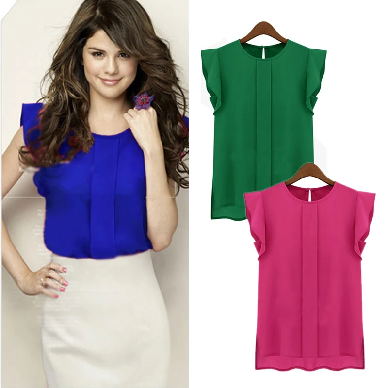 

Women Candy Color Chiffon Round Collar Short Ruffle Sleeve Loose Shirt Blouse Tops