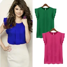Women Candy Color Chiffon Round Collar Short Ruffle Sleeve Loose Shirt Blouse Tops ruffle short sleeve chiffon blouse