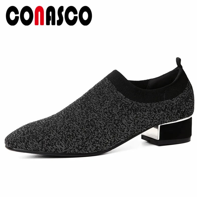 

CONASCO Fashion Women Basic Pumps Round Toe Stretch Fabric Comfortable Thick Heels Round Toe Party Shoes Woman Office Pumps