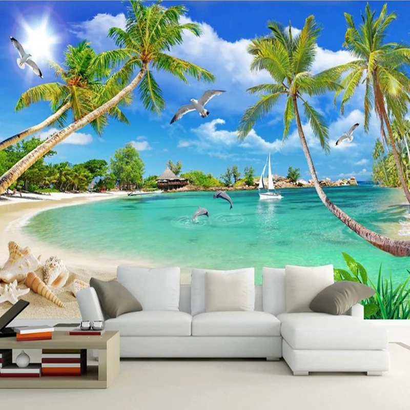 custom 3 d photo wallpaper wall murals 3D wallpaper Beach tree waves