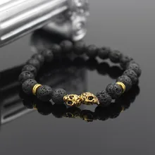 Wholesale Fashion Double Antique Gold Color Skull Charm Bracelets With Lava Stone Bead For women and