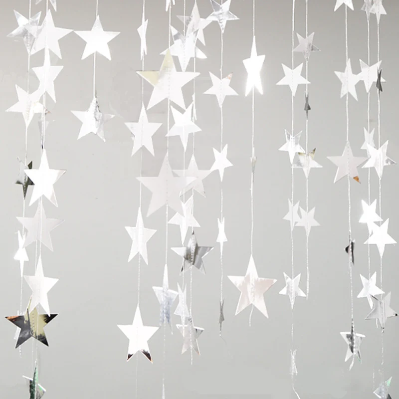 4M Gold Silver Paper Garland Star String Banners Wedding Banner for Party Home Wall Room Hanging Decoration Baby Shower Favors - Цвет: Bright silver