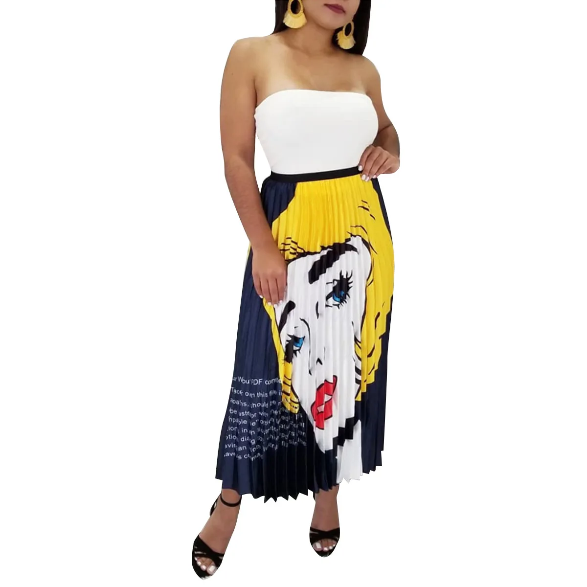 

2019 New Coming Spring Summer Europen Printing Cartoon Pattern High Elasticity Pleated High Street A-line Women Skirts
