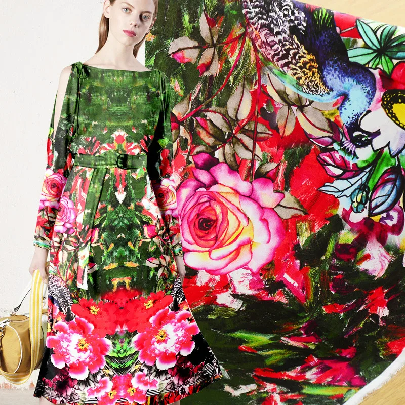 112cm Wide 25mm Natural Silk & Spandex Watercolor Rose Print Heavy Silk