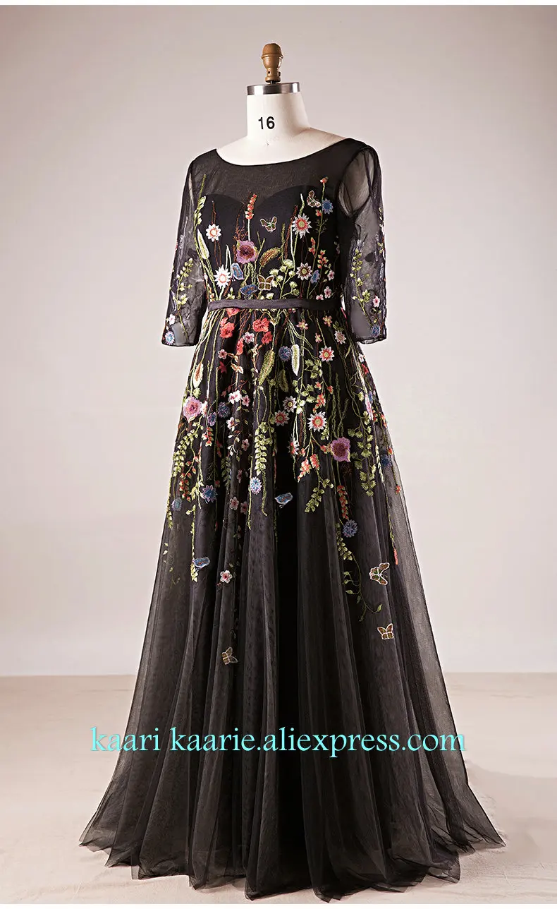Elegant Black Plus Size Evening Dresses Long 2019 Scoop Half Sleeve Embroidery Evening Party Gowns woman Formal Evening Dress Elegant Black Plus Size Evening Dresses Long 2019 Scoop Half Sleeve Embroidery Evening Party Gowns woman Formal Evening Dress