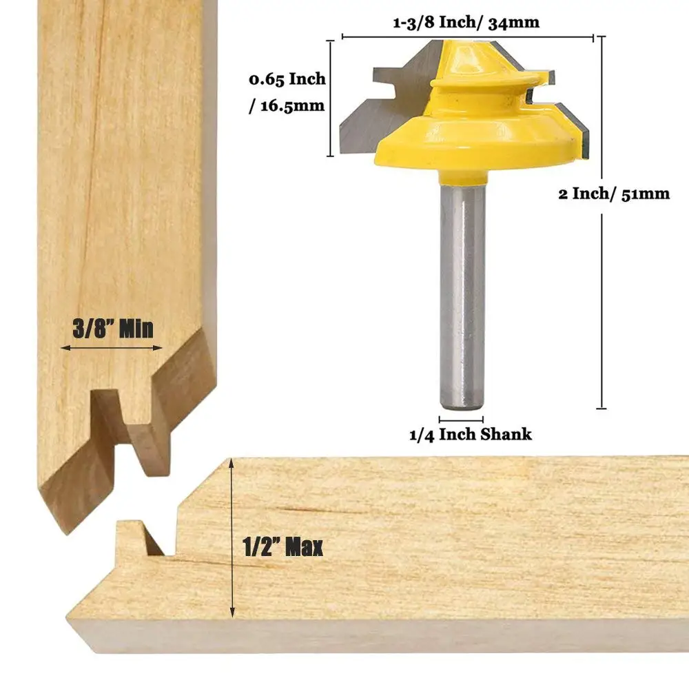 

Multiple specifications 1/4" Shank Tenon Cutter Woodwork Milling Cutters Lock Miter Router Bit 45 Degree Width 1-3/8" Drill Bit