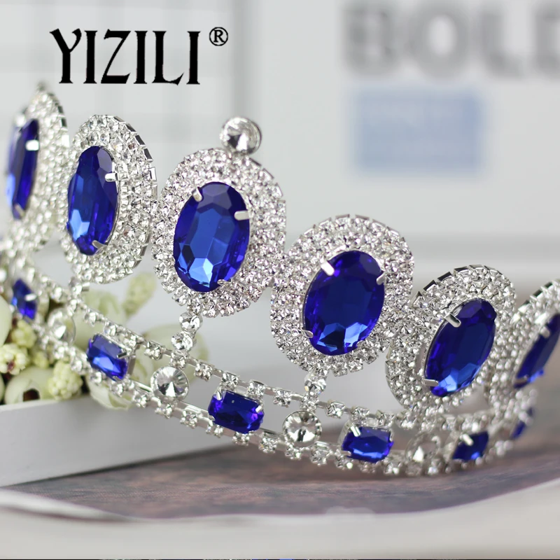 YIZILI, синий, большой кристалл, ужин, королева, король, Корона невесты, украшение для волос, украшение для волос, платья для девочек с цветочным узором, аксессуары для выступлений, C039