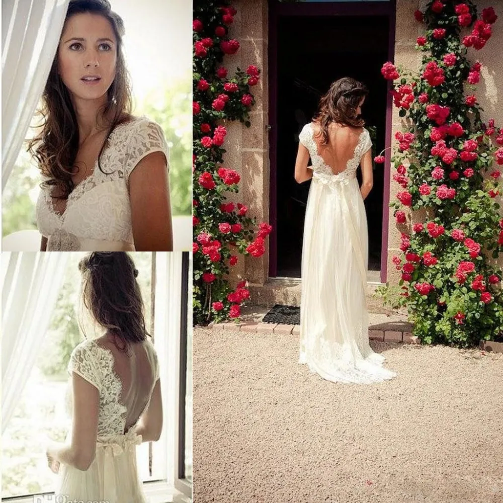 

Gorgeous Elegant V-Neck Cap Sleeves Backless White/Ivory Boho Chic Lace Beach Wedding Dresses 2015