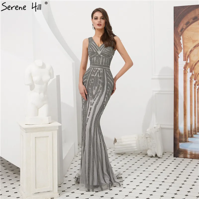 

2019 Grey Crystal Mermaid Evening Dresses V-neck Formal Gown Dubai Robe De Soiree Vestido Party Gowns BLA6511
