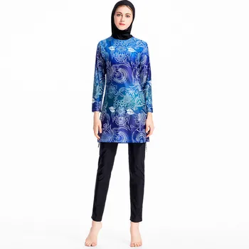 

2018 May Muslim Swimsuit Women's Modest Digital Printing Full Cover Long-sleeved Swimsuit Islamic Headscarf Wearing A Badpak