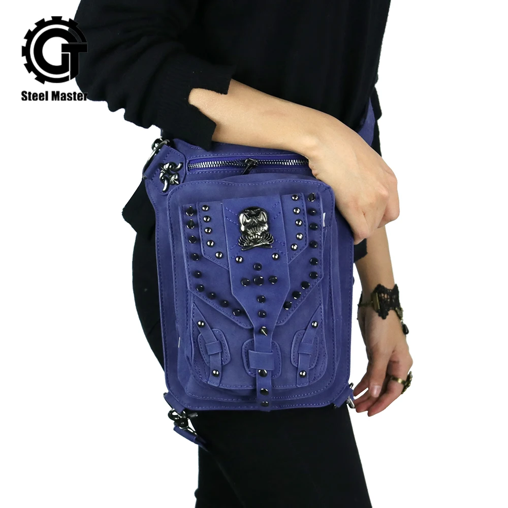 

2018 New Steampunk Retro Women Rock Skull Chest Bag Gothic Rivet Waistbags Blue Unisex PU Leather Messenger Bags Men Waist Packs